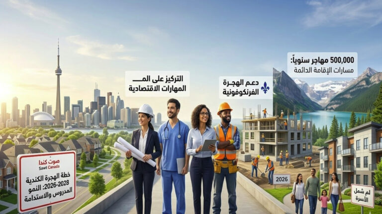انفوجرافيك يوضح مسارات خطة الهجرة الكندية 2026-2028 والمهن المطلوبة في قطاعات الصحة والبناء.