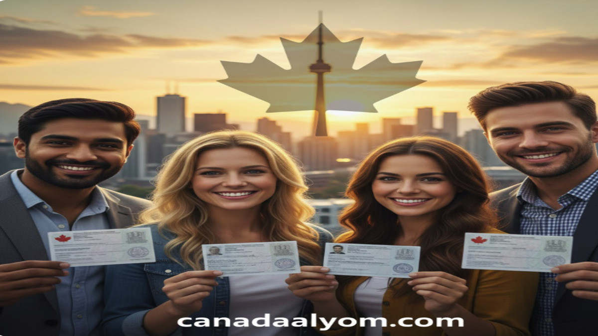 مهاجرون يحملون تصاريح عمل كندية مؤقتة، مع رابط canadaalyom.com حول فرص العمل في كندا.