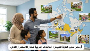 عائلة عربية تنظر إلى خريطة كندا التي توضح أرخص المدن للمعيشة والدراسة مثل شيربروك ومونكتون.