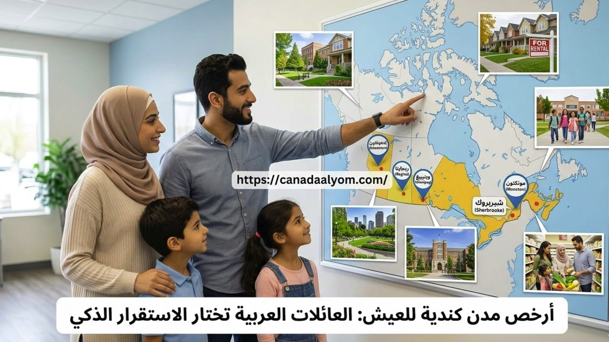 عائلة عربية تنظر إلى خريطة كندا التي توضح أرخص المدن للمعيشة والدراسة مثل شيربروك ومونكتون.