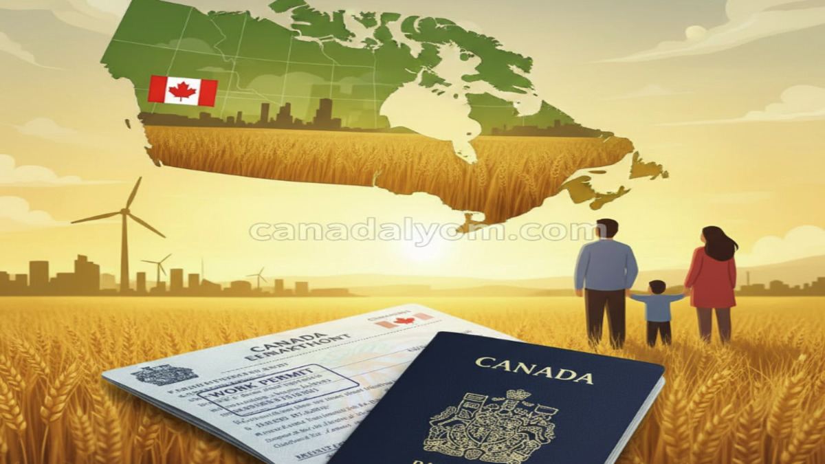 خريطة ساسكاتشوان مع حقول القمح وعائلة تنظر نحو الأفق، ترمز للهجرة إلى ساسكاتشوان وفرص الإقامة الدائمة، مع العلامة المائية canadaalyom.com."