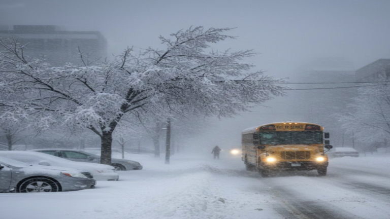 عاصفة ثلجية قوية في كندا تؤدي إلى إغلاق المدارس وتعطيل حركة السير في المدن الكندية.