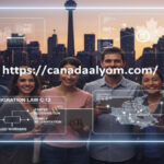 رسم توضيحي يظهر مجموعة من المهاجرين في كندا مع خلفية لمدينة تورونتو وشعار قانون الهجرة C-12 في كندا ورابط موقع صوت كندا.