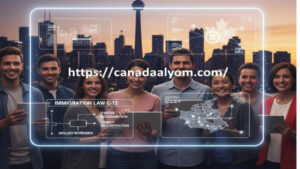 رسم توضيحي يظهر مجموعة من المهاجرين في كندا مع خلفية لمدينة تورونتو وشعار قانون الهجرة C-12 في كندا ورابط موقع صوت كندا.