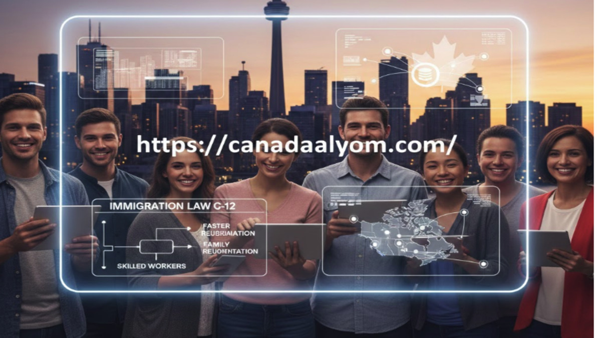 رسم توضيحي يظهر مجموعة من المهاجرين في كندا مع خلفية لمدينة تورونتو وشعار قانون الهجرة C-12 في كندا ورابط موقع صوت كندا.