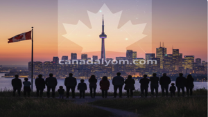 صورة تعبيرية لمجموعة من الأشخاص ينظرون نحو أفق مدينة كندية حديثة مع شعار كندا، ترمز للطموح والهجرة إلى كندا.
