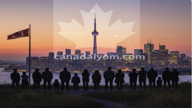 صورة تعبيرية لمجموعة من الأشخاص ينظرون نحو أفق مدينة كندية حديثة مع شعار كندا، ترمز للطموح والهجرة إلى كندا.