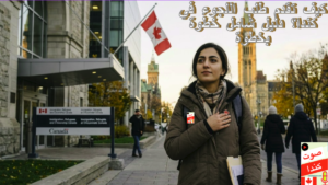 سيدة تقف أمام مبنى دائرة الهجرة لبدء خطوات اللجوء في كندا بكل ثقة