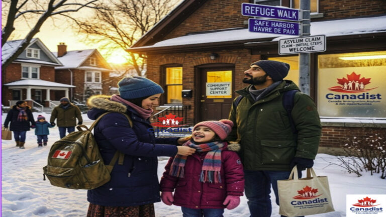 A refugee family in a snowy Canadian neighborhood, holding a Canadist bag, representing a new beginning and asylum in Canada.
