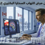 طبيب في مستشفى كندي يحلل بيانات طبية رقمية مع تصور لبكتيريا التهاب السحايا، يظهر العلم الكندي في الخلفية