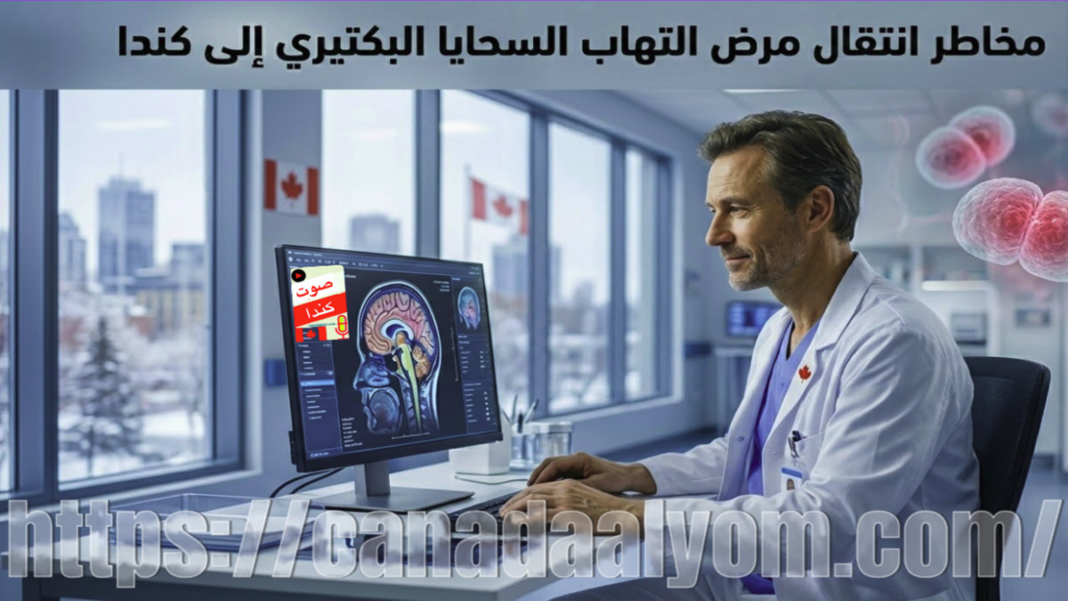 طبيب في مستشفى كندي يحلل بيانات طبية رقمية مع تصور لبكتيريا التهاب السحايا، يظهر العلم الكندي في الخلفية