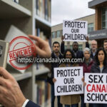 رفوف مكتبة مدرسية يظهر عليها سحب للكتب، وبجانبها احتجاجات لأولياء أمور يرفضون المحتوى الجنسي الصريح في مدارس كندا.