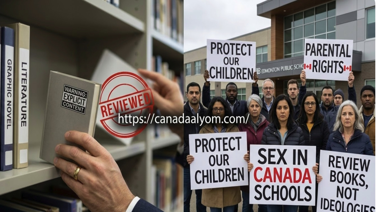 رفوف مكتبة مدرسية يظهر عليها سحب للكتب، وبجانبها احتجاجات لأولياء أمور يرفضون المحتوى الجنسي الصريح في مدارس كندا.