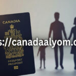 مفهوم احترافي للجنسية الكندية عن طريق النسب، يظهر جواز سفر كندي وصورة ظلية لعائلة مع علامة مائية canadaalyom.com.