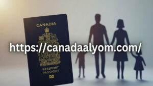 مفهوم احترافي للجنسية الكندية عن طريق النسب، يظهر جواز سفر كندي وصورة ظلية لعائلة مع علامة مائية canadaalyom.com.