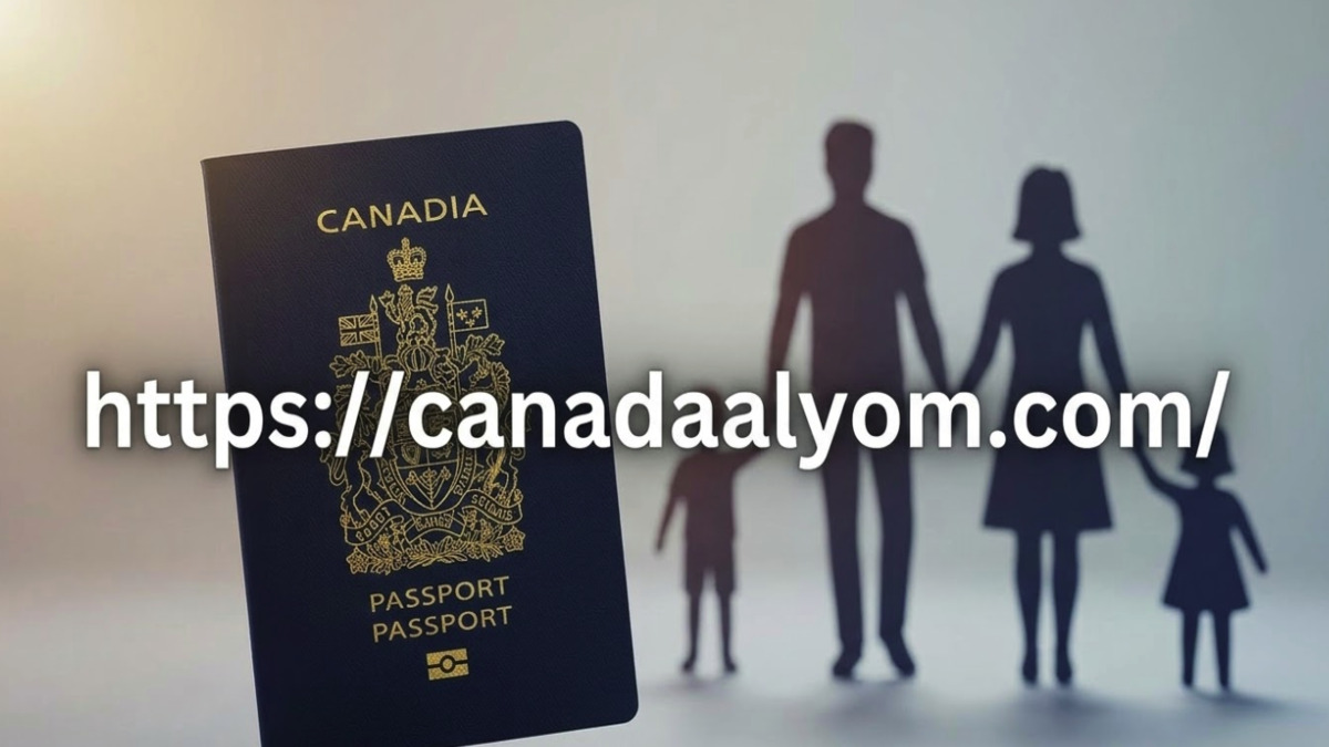مفهوم احترافي للجنسية الكندية عن طريق النسب، يظهر جواز سفر كندي وصورة ظلية لعائلة مع علامة مائية canadaalyom.com.