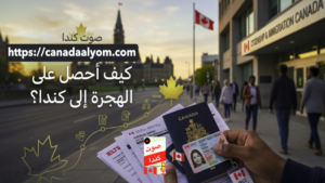 يد تحمل جواز سفر كندي وبطاقة إقامة دائمة (PR Card) فوق كومة من المستندات الرسمية، ترمز إلى كيف أحصل على الهجرة إلى كندا؟ والمسارات المتاحة