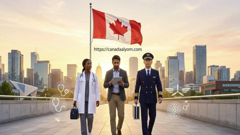 مجموعة من الكفاءات الطبية والتقنية في كندا مع العلم الكندي وعلامة مائية https://canadaalyom.com.