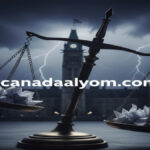 ميزان عدالة مكسور وأوراق قانونية ترمز لفضائح التحرش في أوتاوا، مع رابط canadaalyom.com.