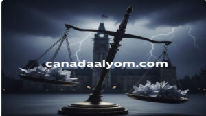 ميزان عدالة مكسور وأوراق قانونية ترمز لفضائح التحرش في أوتاوا، مع رابط canadaalyom.com.