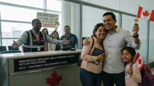 A happy migrant couple at a Canadian airport celebrating their asylum acceptance with family waiting behind glass.