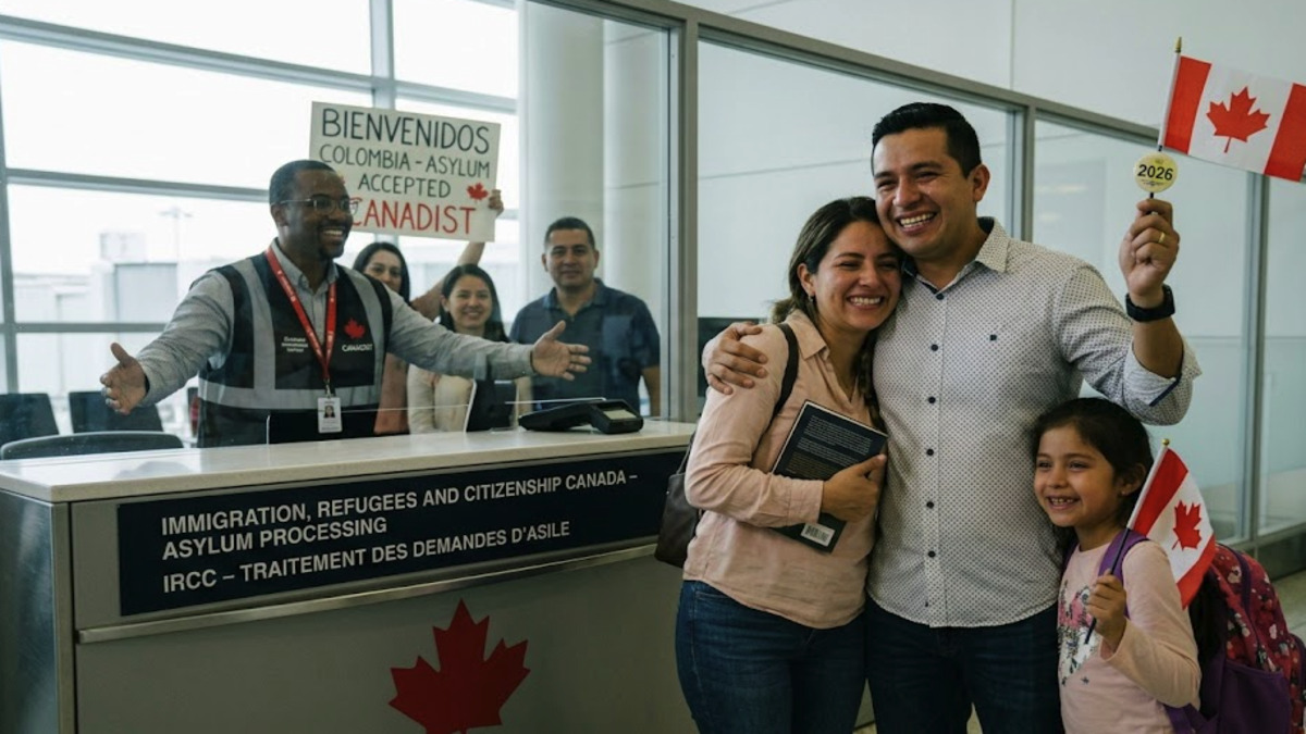 A happy migrant couple at a Canadian airport celebrating their asylum acceptance with family waiting behind glass.