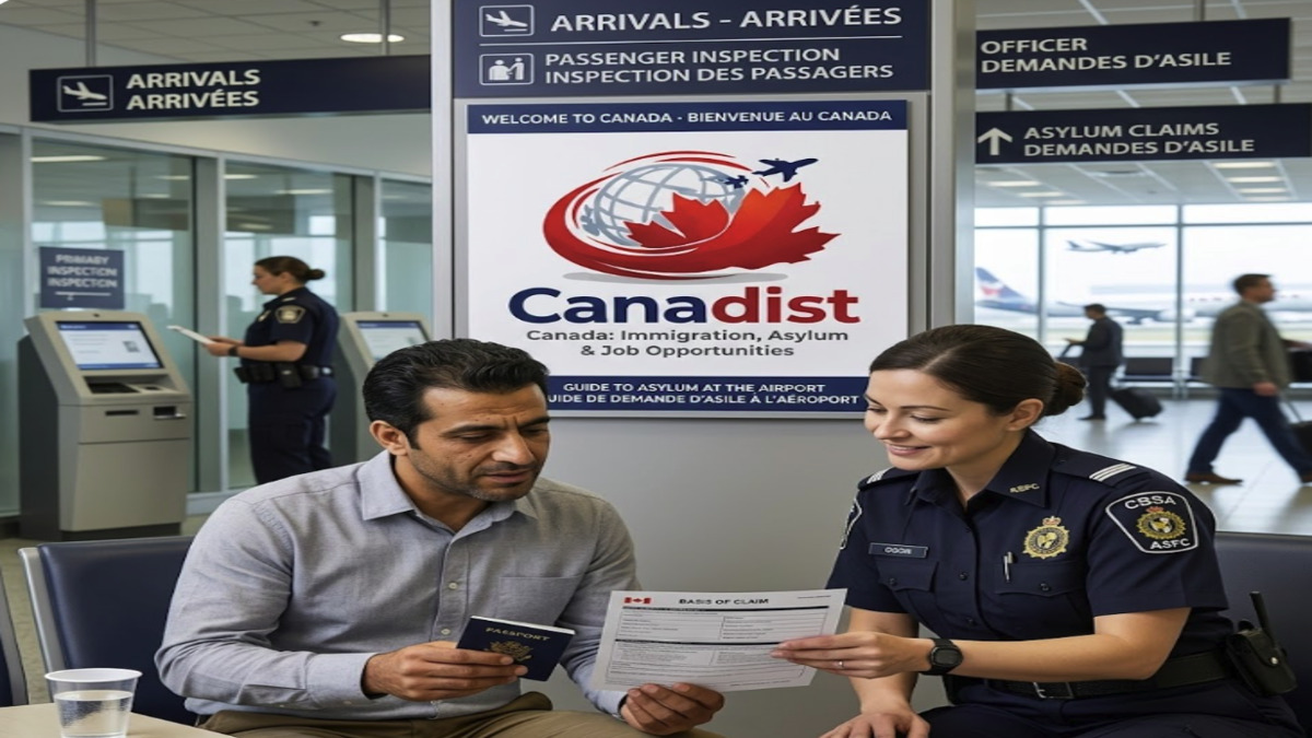A traveler speaking with a CBSA officer about applying for asylum in Canada at the airport while holding a Basis of Claim document.