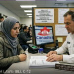 A Canadian immigration officer reviewing asylum claim paperwork for a woman under the new Bill C-12 regulations at an IRCC office.