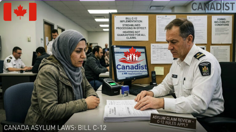 A Canadian immigration officer reviewing asylum claim paperwork for a woman under the new Bill C-12 regulations at an IRCC office.
