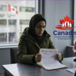 A woman looking at a rejected asylum claim document in a Canadian immigration office.