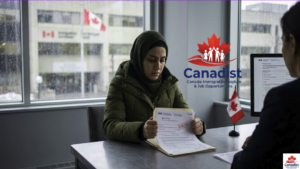 A woman looking at a rejected asylum claim document in a Canadian immigration office.