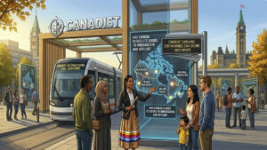 A professional Indigenous Canadian officer explaining the new 2026 immigration and asylum rules to a diverse group of newcomers in Ottawa, with digital maps showing priority sectors like Healthcare and Skilled Trades.