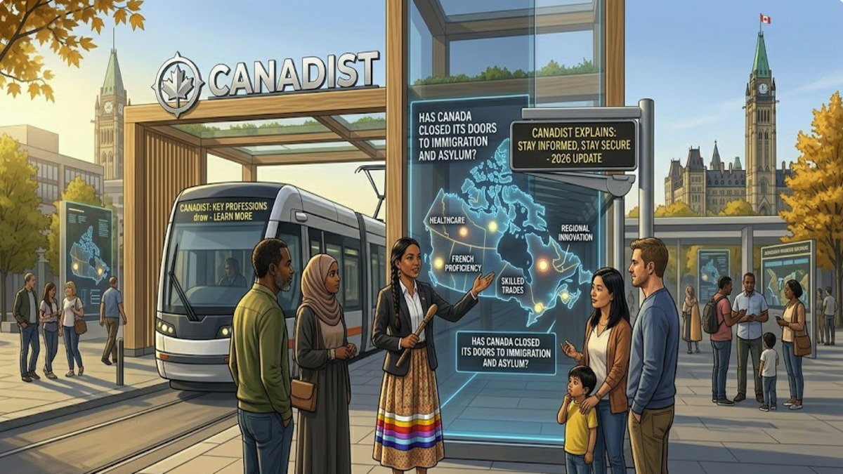 A professional Indigenous Canadian officer explaining the new 2026 immigration and asylum rules to a diverse group of newcomers in Ottawa, with digital maps showing priority sectors like Healthcare and Skilled Trades.