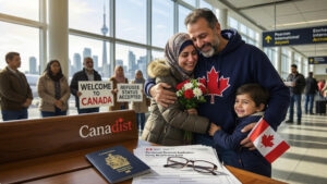 Official Canadian documents on a desk with a family reunification form, representing the integration process.