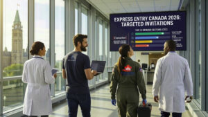 Professionals from healthcare, technology, and skilled trades looking at a screen showing Express Entry Canada priority sectors and targeted invitations.