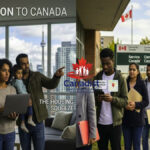 A diverse immigrant family in a high-rise Toronto apartment looking at the city skyline, contrasted with a long queue of newcomers at a Service Canada building, representing the challenges of immigration to Canada.