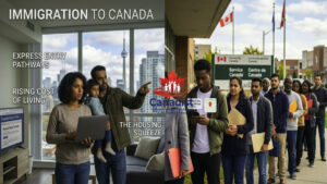 A diverse immigrant family in a high-rise Toronto apartment looking at the city skyline, contrasted with a long queue of newcomers at a Service Canada building, representing the challenges of immigration to Canada.