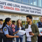 A group of diverse people in an outdoor setting interacting with a digital information kiosk and an immigration official, discussing migration pathways to Canada, featuring the Canadist logo on a document folder.