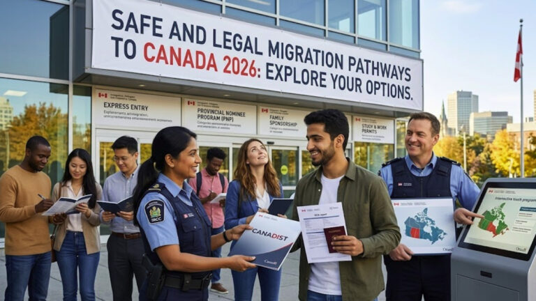 A group of diverse people in an outdoor setting interacting with a digital information kiosk and an immigration official, discussing migration pathways to Canada, featuring the Canadist logo on a document folder.
