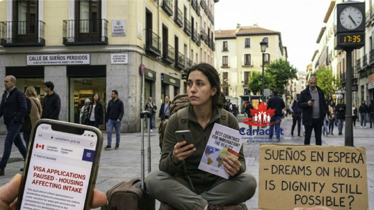 A conceptual image illustrating the modern struggles of migrants, showing a person with a 'Dreams on Hold' sign and a smartphone displaying visa application status, symbolizing the reality of searching for the best countries for immigration today.
