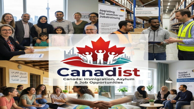A collage showing diverse integration and work opportunities in the best countries for refugees and asylum systems, featured by Canadist.