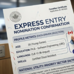 Close-up of an official Canadian Express Entry nomination document highlighting data-driven metrics for selective economic immigration.