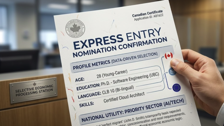 Close-up of an official Canadian Express Entry nomination document highlighting data-driven metrics for selective economic immigration.