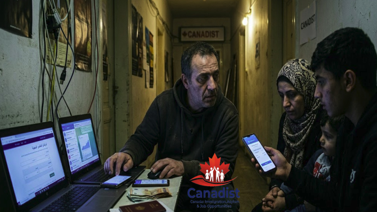 A close-up of a refugee smartphone displaying encrypted Telegram channels where the digital asylum mafia sells fake legal files and black market appointments.