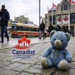 A lonely teddy bear left on a sidewalk near a Canadian immigrant support center, symbolizing the plight of missing migrant children in Canada.