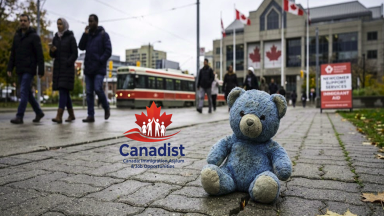 A lonely teddy bear left on a sidewalk near a Canadian immigrant support center, symbolizing the plight of missing migrant children in Canada.