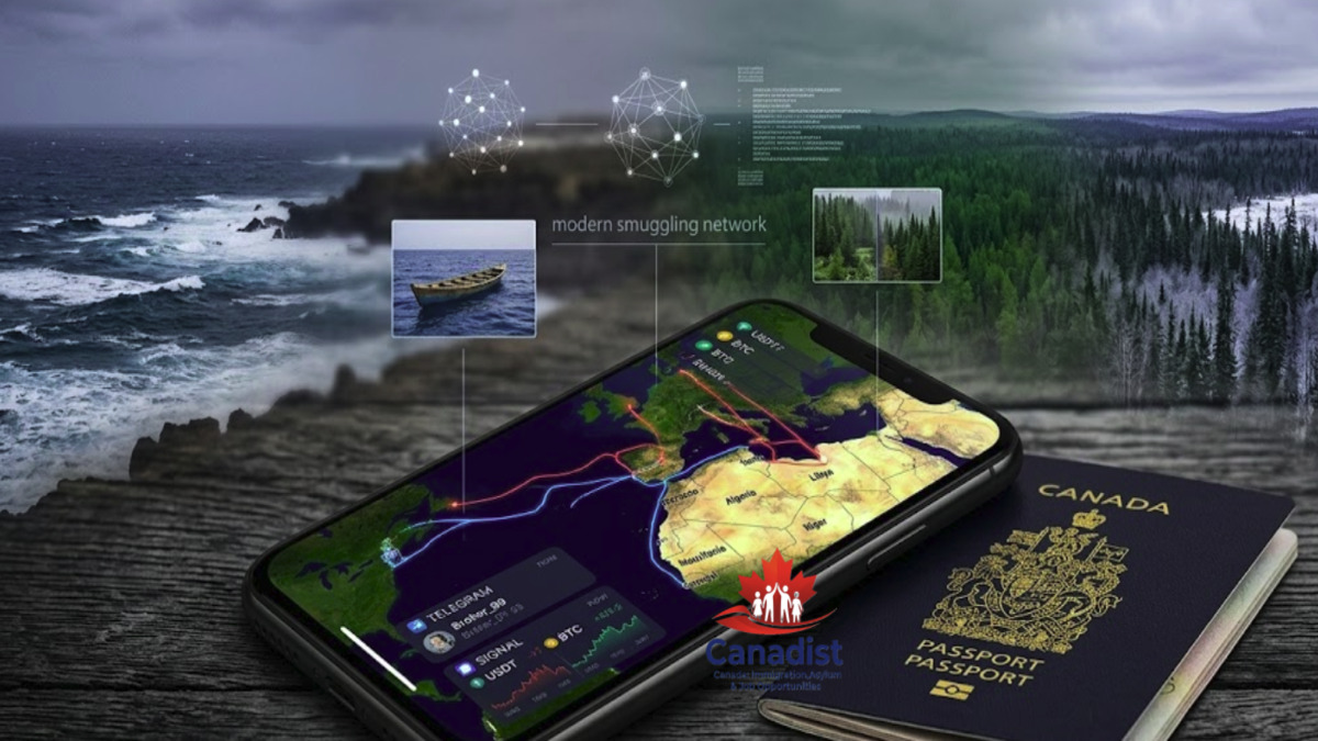 An abstract conceptual image illustrating the modern smuggling network operating through digital screens, crypto transactions, and new geographic routes to Canada and Europe.