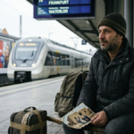 A thoughtful refugee man sitting on a European train station bench, holding an old family photo of his homeland, feeling isolated in exile.