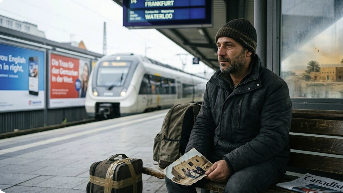 A thoughtful refugee man sitting on a European train station bench, holding an old family photo of his homeland, feeling isolated in exile.
