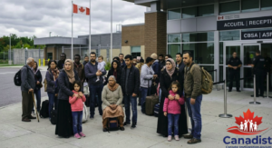 An editorial photo showing the recent Canada asylum system changes with families waiting outside a government facility.